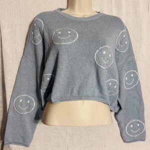 Sincerely Jules Smiley Face Oversized Cropped Knit Sweater Women’s M Light Blue